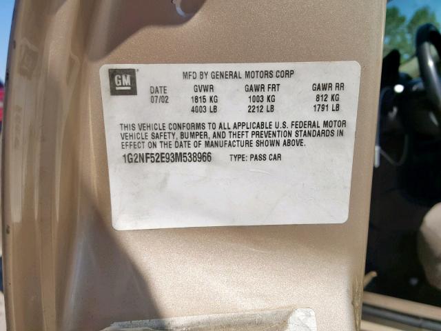 1G2NF52E93M538966 - 2003 PONTIAC GRAND AM S GOLD photo 10