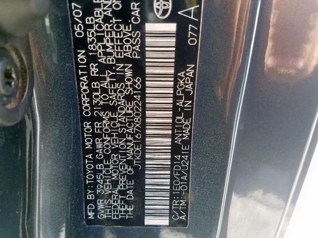 JTKDE167X80224166 - 2008 TOYOTA SCION TC ნაცრისფერი ფოტო 10