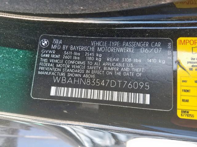 WBAHN83547DT76095 - 2007 BMW 750 BLACK photo 10