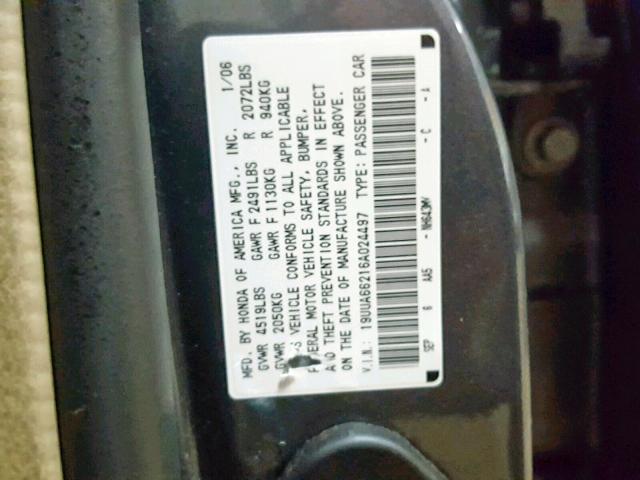 19UUA66216A024497 - 2006 ACURA 3.2TL GRAY photo 10