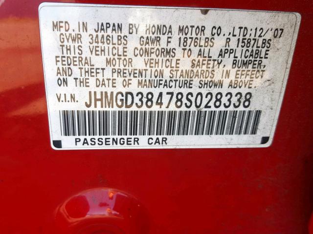 JHMGD38478S028338 - 2008 HONDA FIT RED photo 10