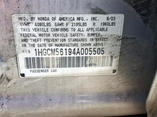 1HGCM56194A005505 - 2004 HONDA ACCORD DX SILVER photo 10