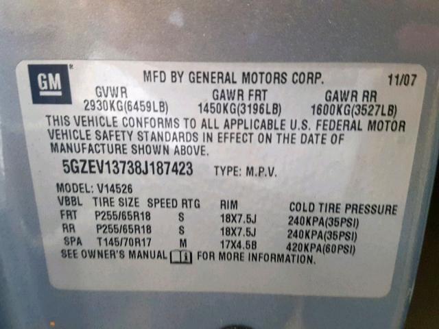 5GZEV13738J187423 - 2008 SATURN OUTLOOK XE BLUE photo 10