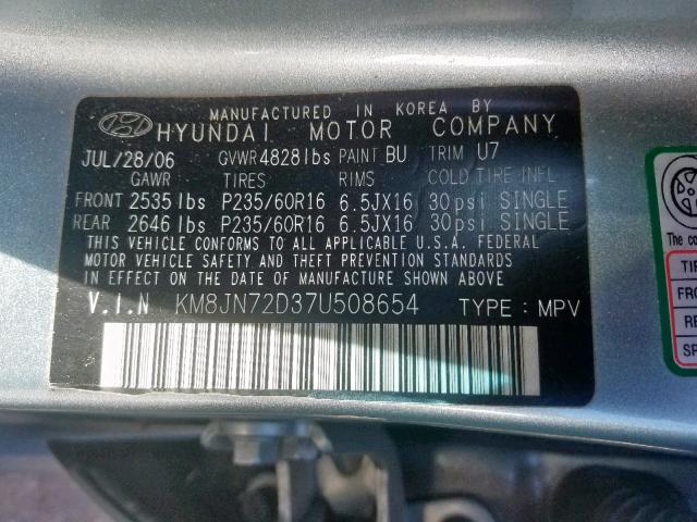 KM8JN72D37U508654 - 2007 HYUNDAI TUCSON SE GREEN photo 10