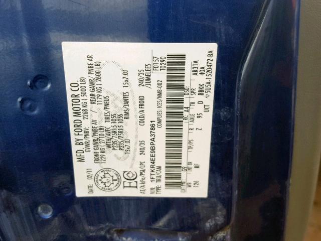 1FTKR4EE9BPA37861 - 2011 FORD RANGER SUP BLUE photo 10