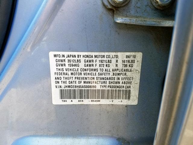 JHMGE8H65AS008090 - 2010 HONDA FIT SPORT BLUE photo 10