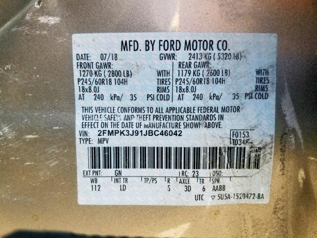 2FMPK3J91JBC46042 - 2018 FORD EDGE SEL GOLD photo 10