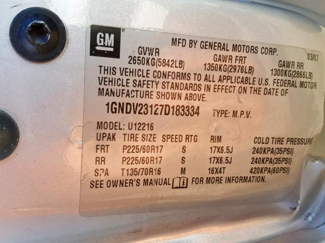 1GNDV23127D183334 - 2007 CHEVROLET UPLANDER L SILVER photo 10