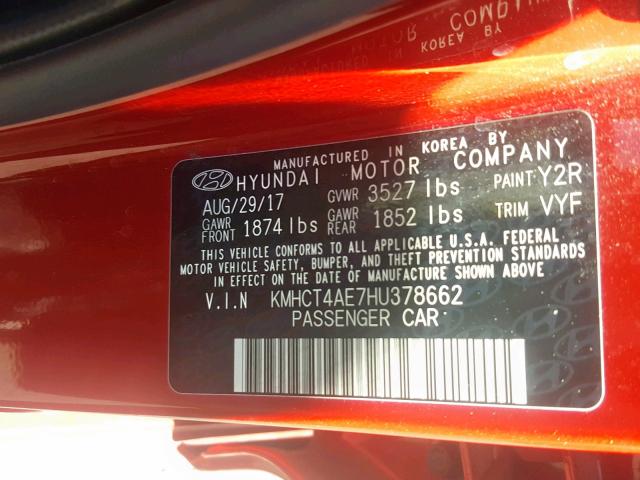 KMHCT4AE7HU378662 - 2017 HYUNDAI ACCENT SE RED photo 10