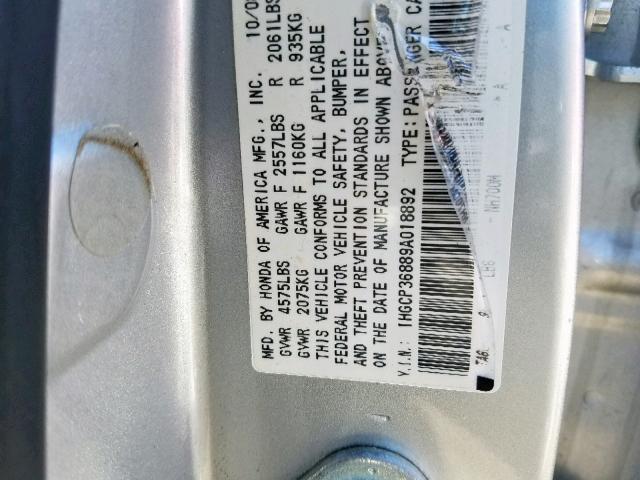 1HGCP36889A018892 - 2009 HONDA ACCORD EXL SILVER photo 10