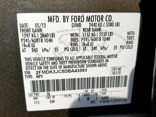 2FMDK3JC5DBA43593 - 2013 FORD EDGE SEL TAN photo 10