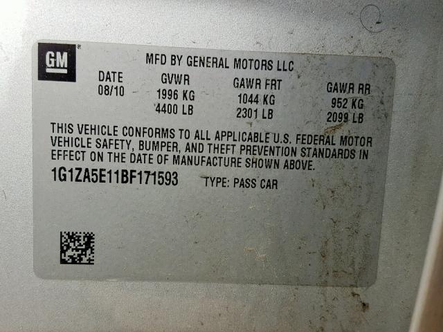 1G1ZA5E11BF171593 - 2011 CHEVROLET MALIBU LS SILVER photo 10