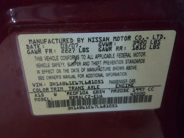 3N1AB61E67L681051 - 2007 NISSAN SENTRA 2.0 RED photo 10