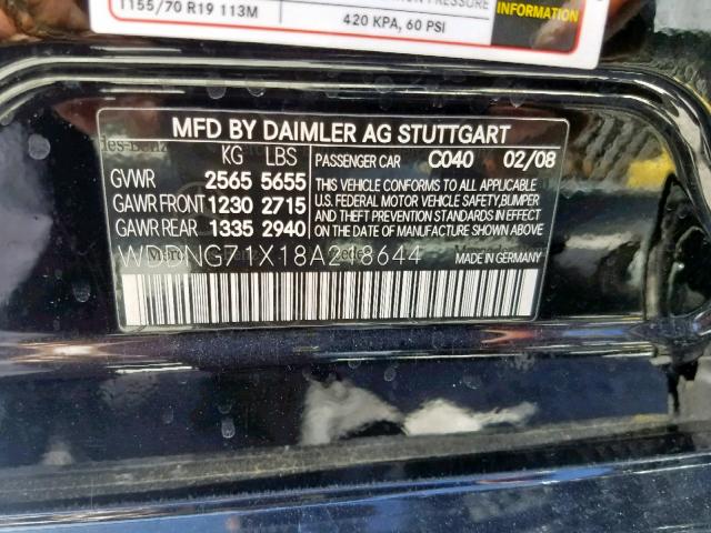 WDDNG71X18A218644 - 2008 MERCEDES-BENZ S 550 BLACK photo 10