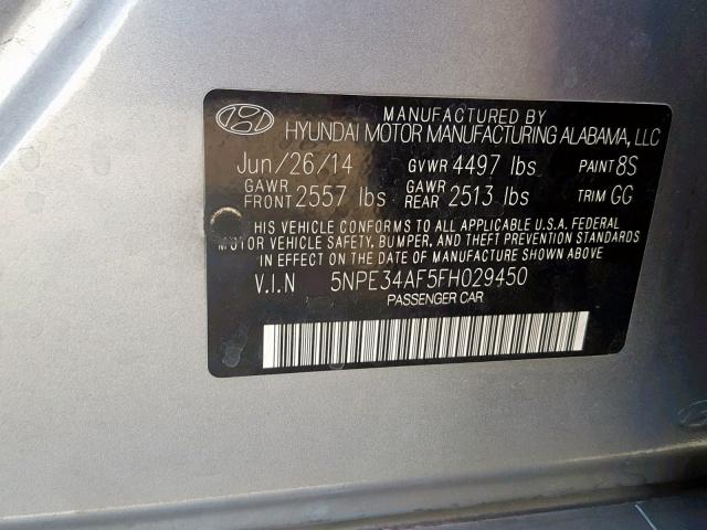 5NPE34AF5FH029450 - 2015 HYUNDAI SONATA SPO GRAY photo 10