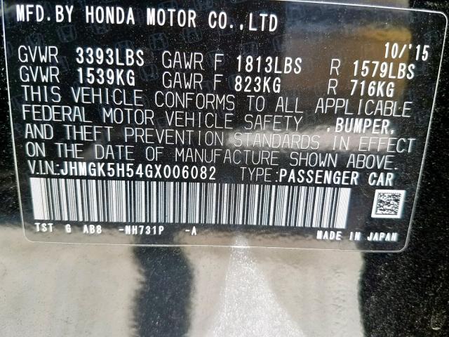 JHMGK5H54GX006082 - 2016 HONDA FIT LX BLACK photo 10