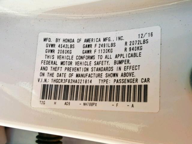 1HGCR3F82HA021814 - 2017 HONDA ACCORD EXL WHITE photo 10