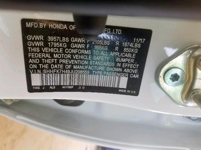 SHHFK7H49JU208559 - 2018 HONDA CIVIC SPOR WHITE photo 10