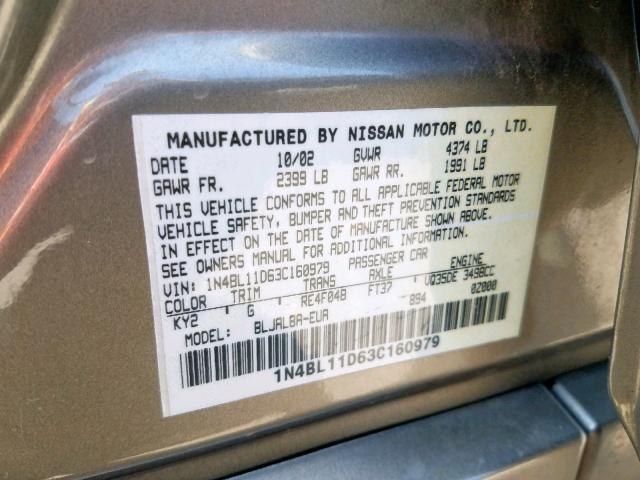 1N4BL11D63C160979 - 2003 NISSAN ALTIMA SE BEIGE photo 10