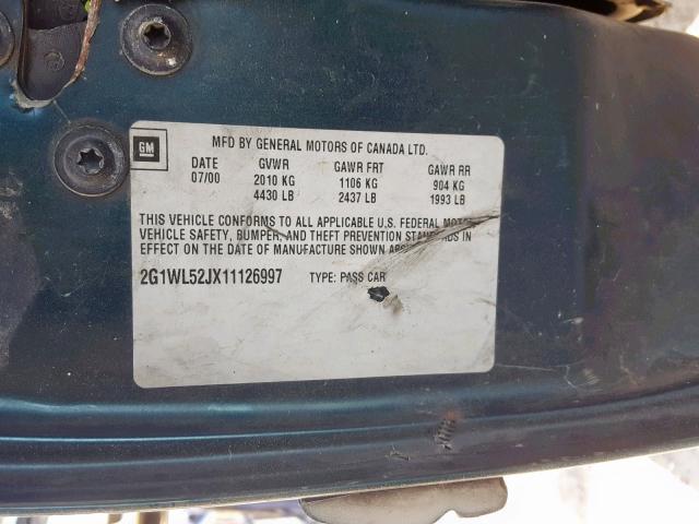 2G1WL52JX11126997 - 2001 CHEVROLET LUMINA GREEN photo 10