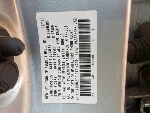 19UUA8F21CA014298 - 2012 ACURA TL SILVER photo 10