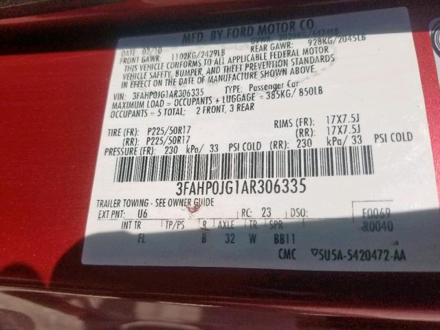 3FAHP0JG1AR306335 - 2010 FORD FUSION SEL RED photo 10