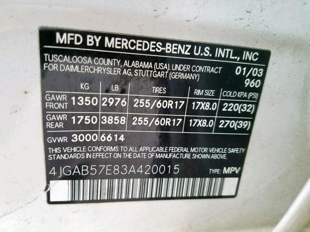 4JGAB57E83A420015 - 2003 MERCEDES-BENZ ML 350 WHITE photo 10