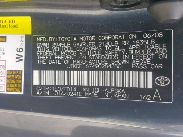 JTKDE167490284350 - 2009 SCION TC 灰色 照片 10