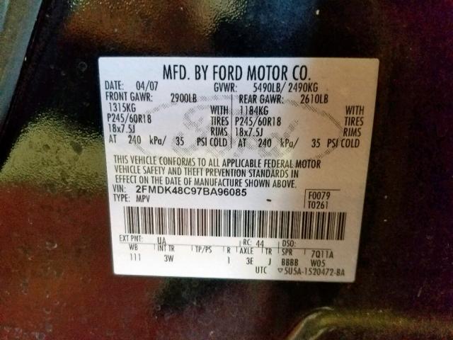 2FMDK48C97BA96085 - 2007 FORD EDGE SEL BLACK photo 10