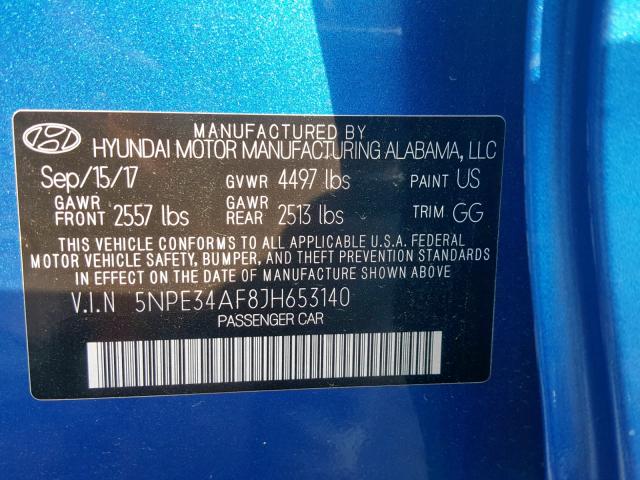 5NPE34AF8JH653140 - 2018 HYUNDAI SONATA SPO BLUE photo 10