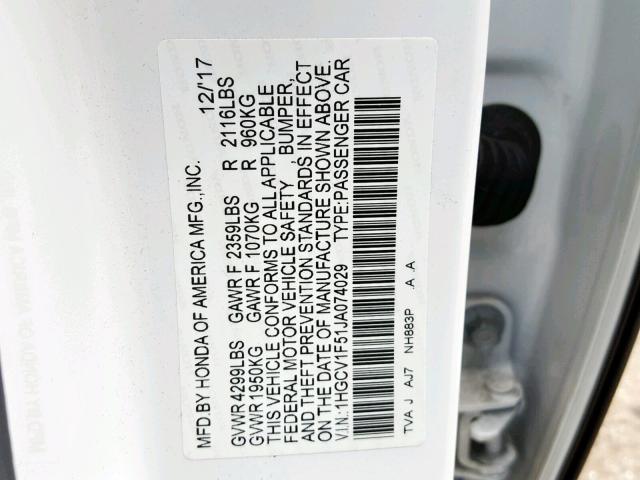 1HGCV1F51JA074029 - 2018 HONDA ACCORD EXL WHITE photo 10