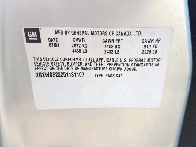 2G2WS522251131107 - 2005 PONTIAC GRAND PRIX SILVER photo 10