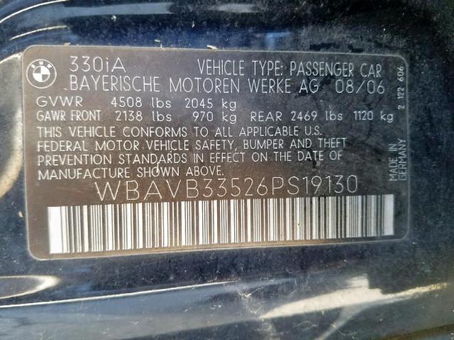 WBAVB33526PS19130 - 2006 BMW 330 I BLUE photo 10