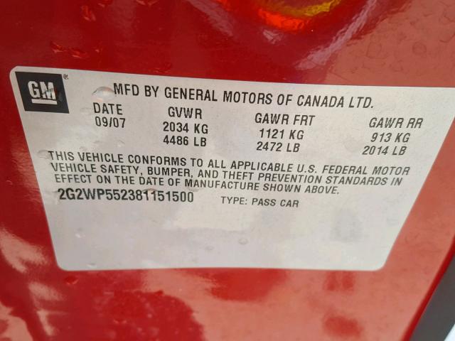 2G2WP552381151500 - 2008 PONTIAC GRAND PRIX RED photo 10