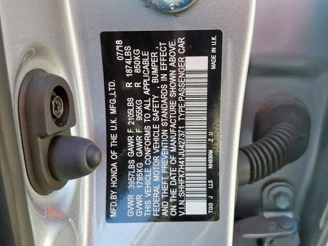 SHHFK7H41JU427371 - 2018 HONDA CIVIC SPOR SILVER photo 10