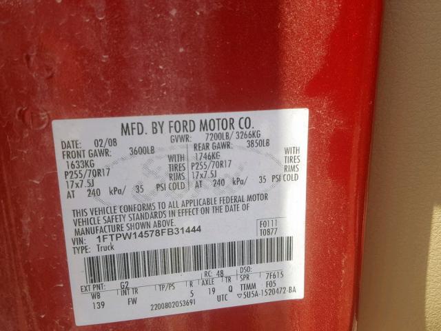 1FTPW14578FB31444 - 2008 FORD F150 SUPER RED photo 10