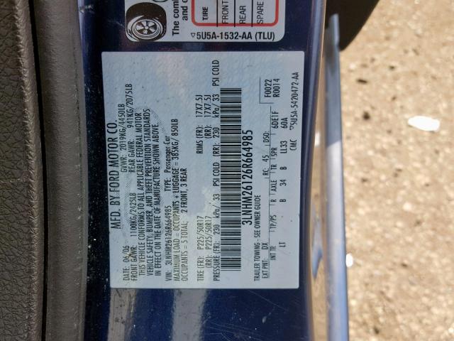 3LNHM26126R664985 - 2006 LINCOLN ZEPHYR BLUE photo 10