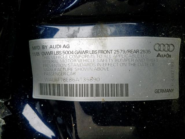 WAUKF78E86A135890 - 2006 AUDI A4 2.0T AV BLUE photo 10