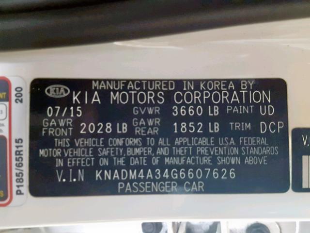 KNADM4A34G6607626 - 2016 KIA RIO LX WHITE photo 10