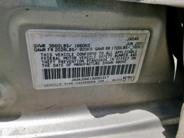 JA3AJ26E13U001217 - 2003 MITSUBISHI LANCER ES SILVER photo 10