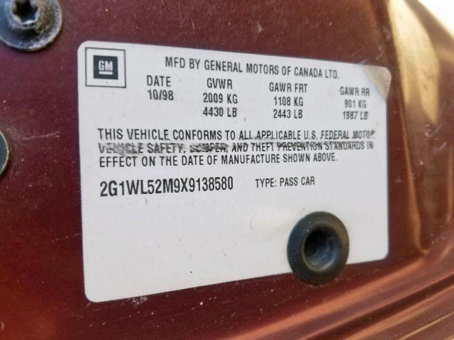 2G1WL52M9X9138580 - 1999 CHEVROLET LUMINA BAS 勃艮第红 照片 10