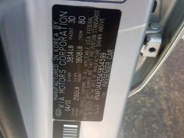 KNAFU4A25A5854599 - 2010 KIA FORTE EX SILVER photo 10