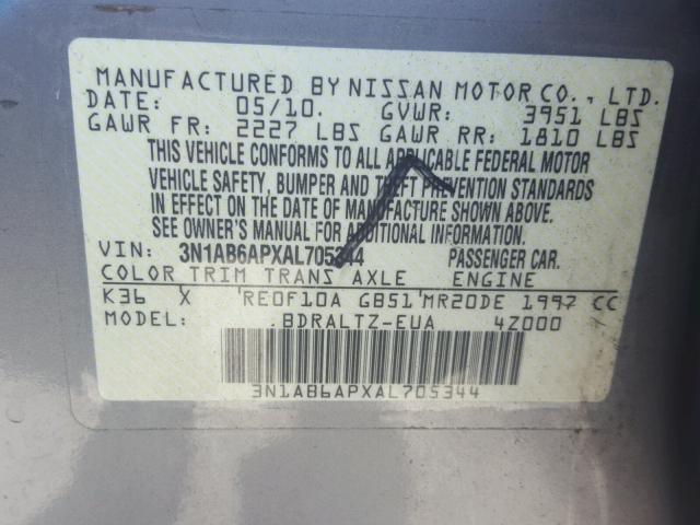 3N1AB6APXAL705344 - 2010 NISSAN SENTRA 2.0 GRAY photo 10