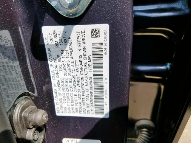 2HKRW2H84JH615425 - 2018 HONDA CR-V EXL GRAY photo 10