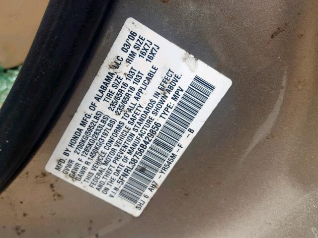 5FNRL38756B429856 - 2006 HONDA ODYSSEY EX GOLD photo 10