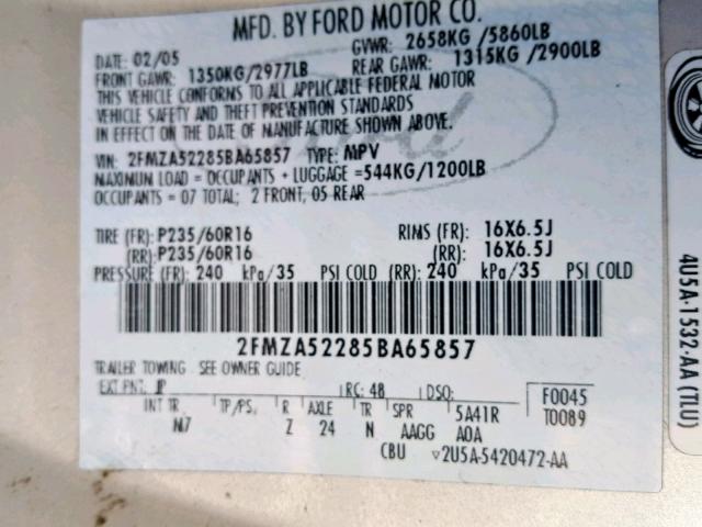 2FMZA52285BA65857 - 2005 FORD FREESTAR S SILVER photo 10