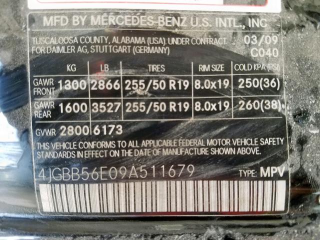 4JGBB56E09A511679 - 2009 MERCEDES-BENZ ML 350 BLACK photo 10