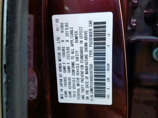 JHMCP26488C047560 - 2008 HONDA ACCORD LXP MAROON photo 10