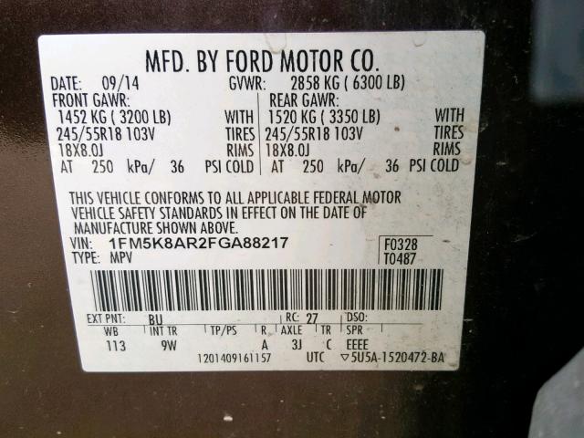 1FM5K8AR2FGA88217 - 2015 FORD EXPLORER P BROWN photo 10