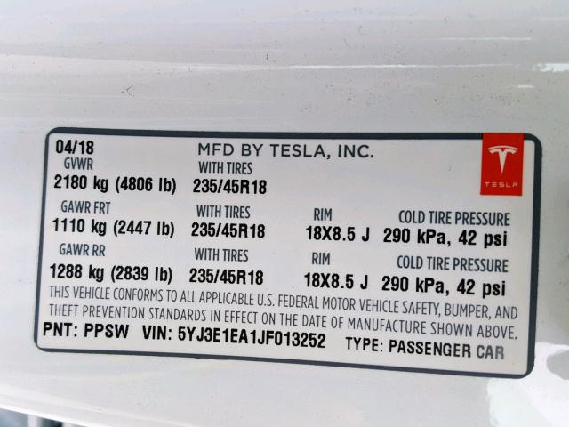 5YJ3E1EA1JF013252 - 2018 TESLA MODEL 3 WHITE photo 10